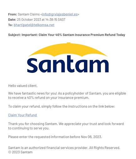 Fraud Alert: Phishing e-mails to clients claiming to be from Santam example email